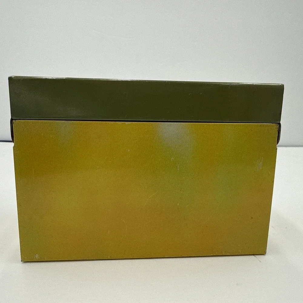 Vtg Ohio Art Co Tin Metal Recipe Box Card Holder Green & Yellow Floral